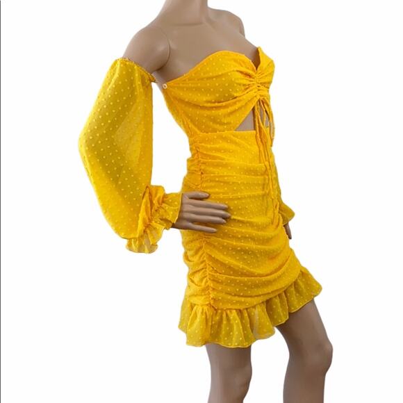 New House of Chic Yellow  Off The Shoulder Lantern Sleeve Cutout Bodycon Dress S - Picture 3 of 9